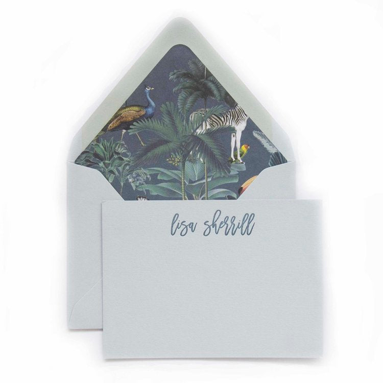 Tone on tone blue letterpress notecard with animal envelope liner