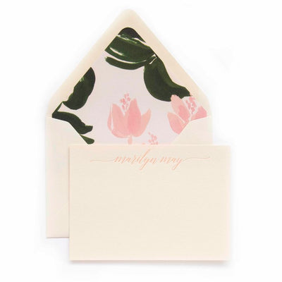 Tone on tone pink letterpress notecard with floral envelope liner. Charlotte Stationer