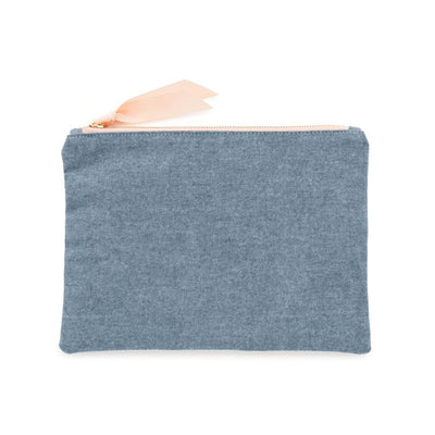 Chambray zipper pouch with pink ribbon closure