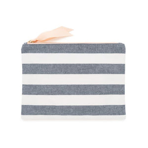 Striped chambray zipper pouch with pink ribbon closure