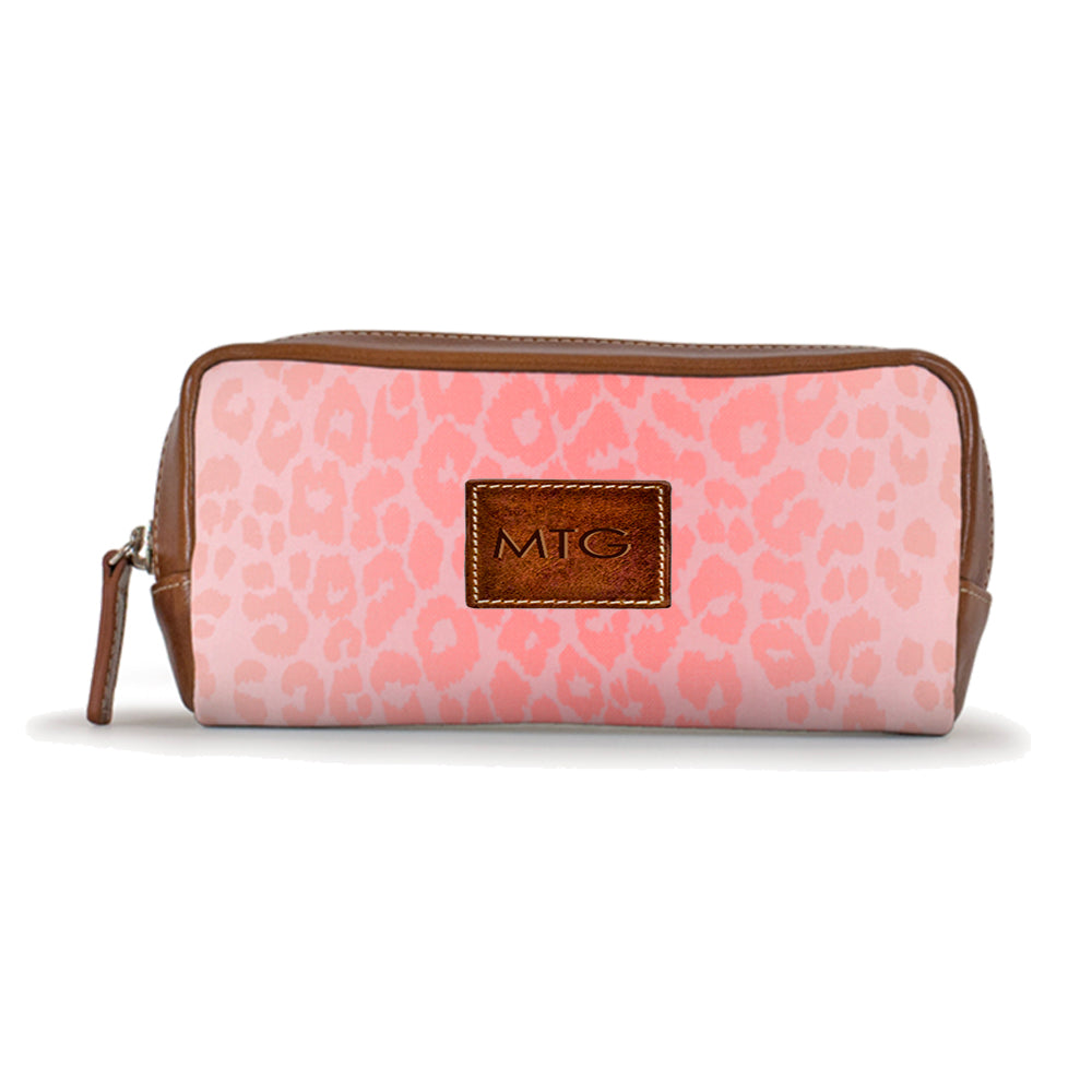 Pink Leopard Animal Print Toiletry Cosmetic Case Personalized Leather