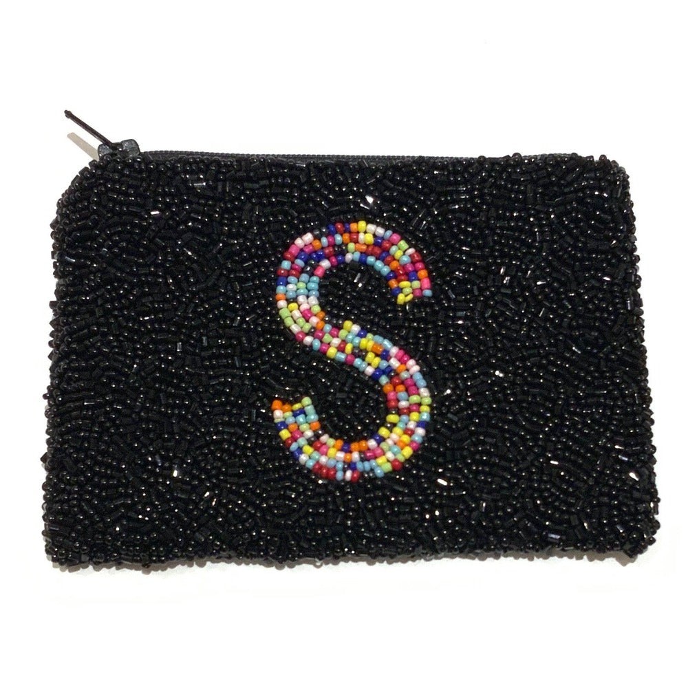 Black coin purse with rainbow initial